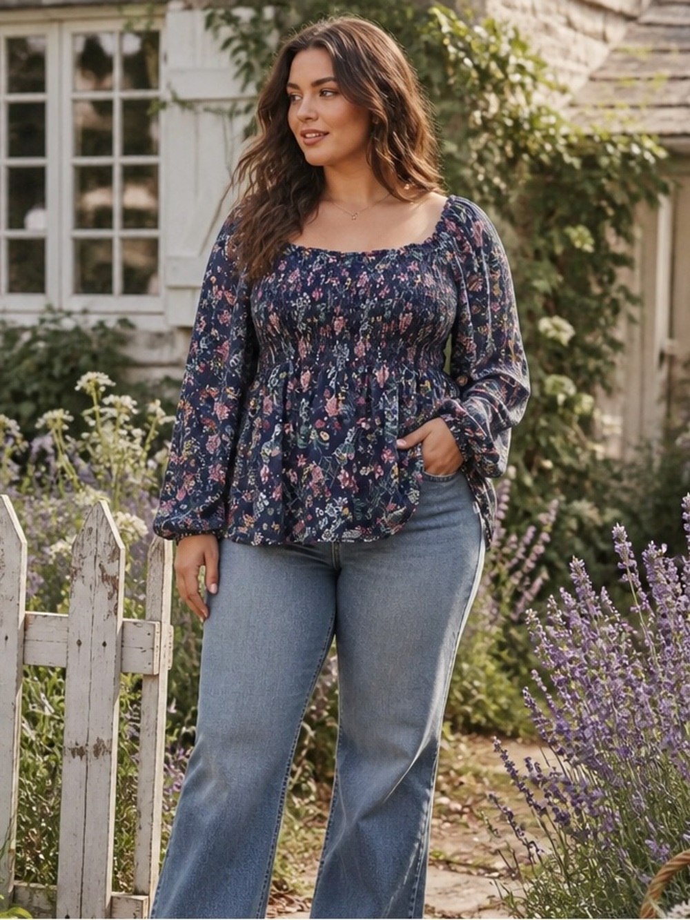 Cato Womens 22/24 Floral Peasant Blouse Navy Long Sleeve Boho Cottagecore NWT